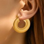 Custom Order Gold Stainless Steel Fan-Shaped Hoop Earrings for Women