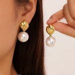Customizable Fashion Stainless Steel Shell Pearl Dangle Earrings for Women
