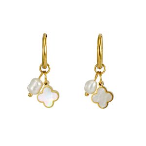 Custom Order Chic Gold Clover Pearl Dangle Hoop Earrings for Women