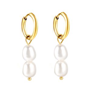 Custom Personalized Minimalist Stainless Steel Pearl Dangle Hoop Earrings for Women
