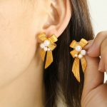 Custom Made Elegant 18K Gold Plated Bow Pearl Earrings for Women