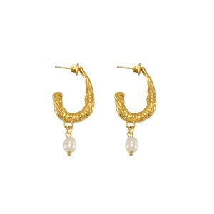 Bulk Order Customize Vintage Gold U-shaped Textured Pearl Dangle Earrings for Women