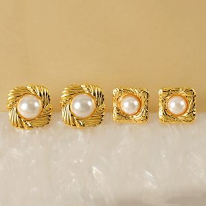 Custom Order Vintage Stainless Steel Pearl Stud Earrings Set for Women