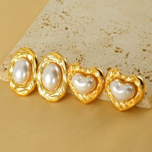 Private Label Custom Textured Heart Oval Pearl Stud Earrings Set for Women