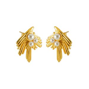 Custom Made 18K Gold Plated Swallow Pearl Stud Earrings for Women