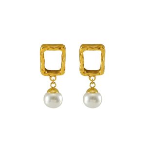 Factory Direct Custom Stainless Steel Hammered Square Pearl Drop Earrings for Women