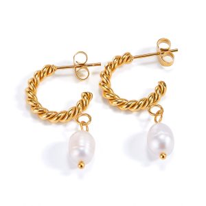 Custom Design Stylish Twisted Hoop Pearl Drop Earrings for Women