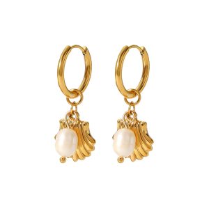 Customize Summer Beach Gold Shell Pearl Hoop Earrings for Women