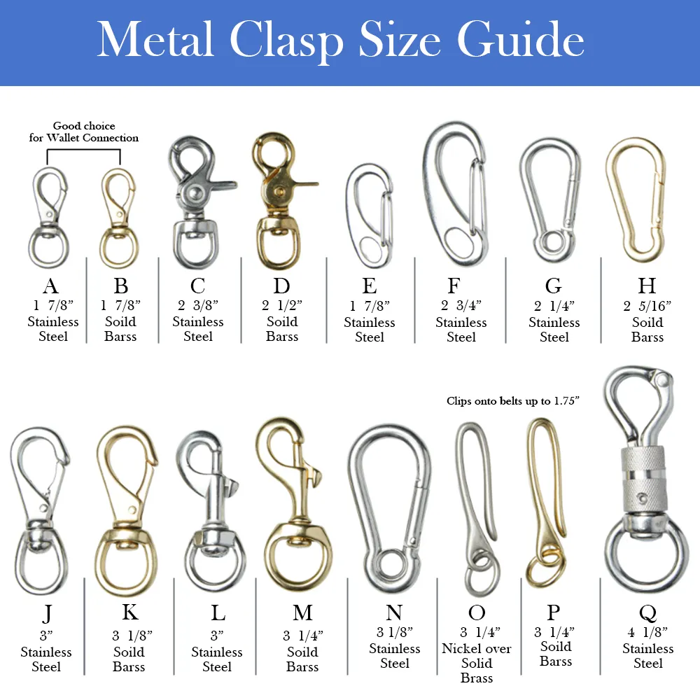 Metal clasp size chart from fashion jewelry manufacturer