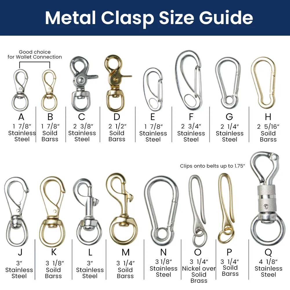 Metal clasp size chart from fashion jewelry manufacturer