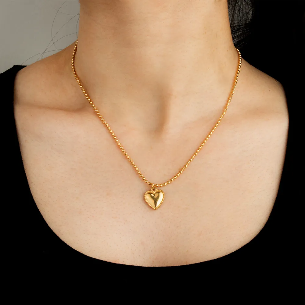 custom stainless steel gold bead chain heart necklace for women manufacturer