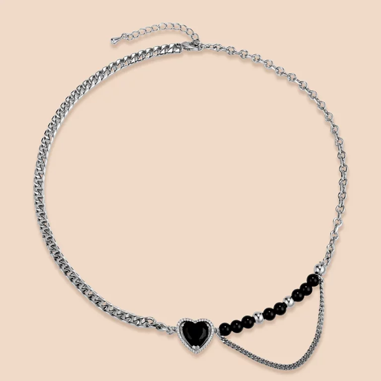 B2B Stainless Steel Asymmetrical Chain Cubic Zircon Heart Inside a Black Crystal Heart Pendant Necklace for Manufacturers