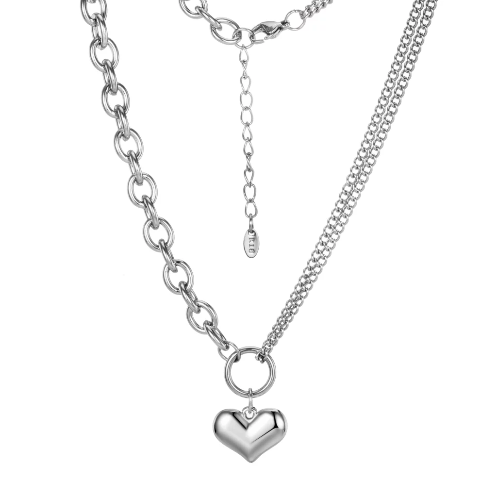 B2B Stainless Steel Silver Double-layer Spliced Chain Heart Charm Necklace Vendors
