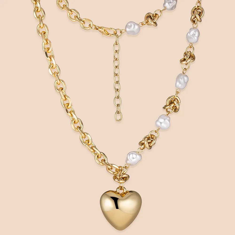 Custom Stainless Steel Imitation Pearl Double-chain Adjustable Heart Charm Necklace for Women Manufacturing