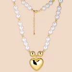 Custom Stainless Steel Imitation Pearl Chain Gold Heart Charm Necklace Jewelry Plant