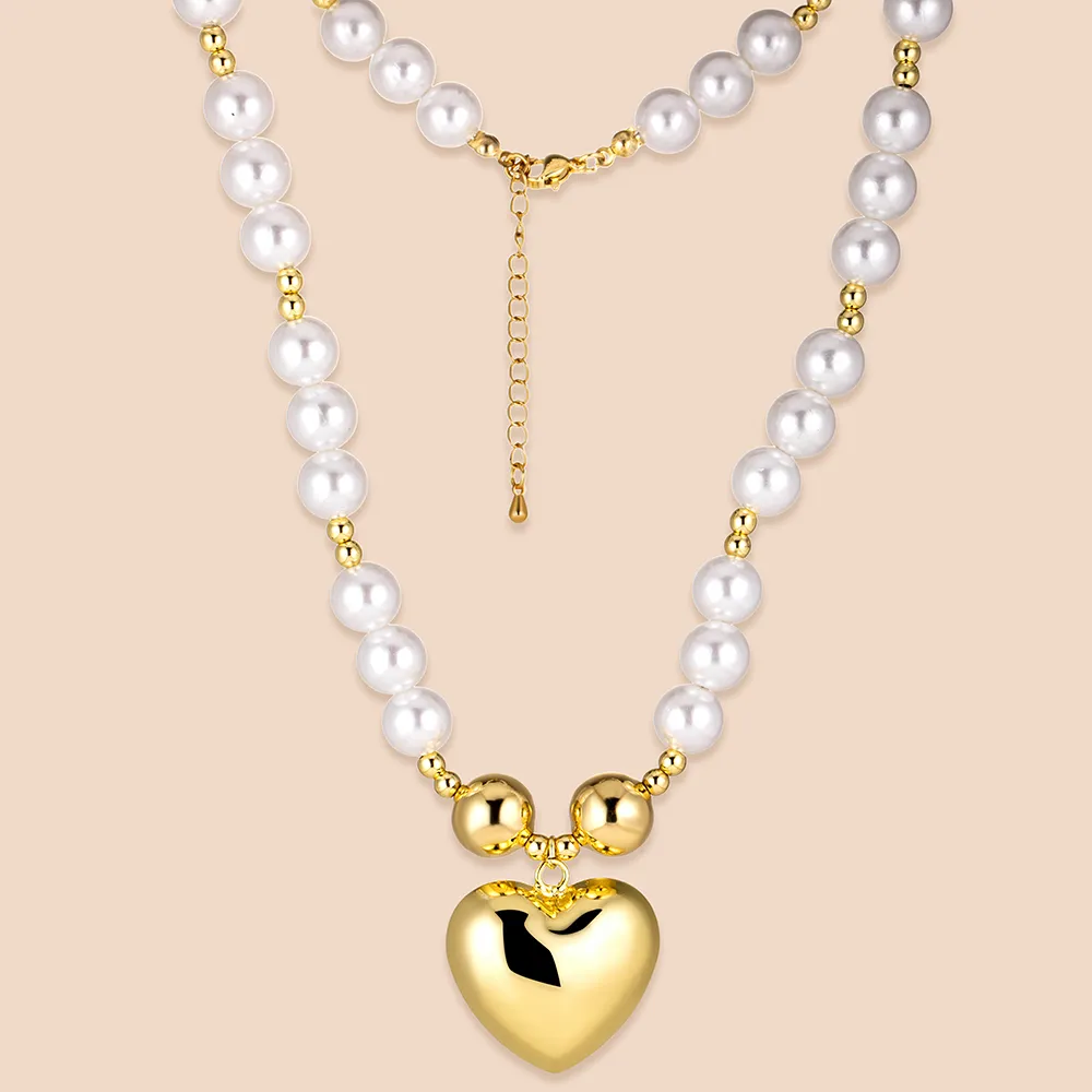 Custom Stainless Steel Imitation Pearl Chain Gold Heart Charm Necklace Jewelry Plant