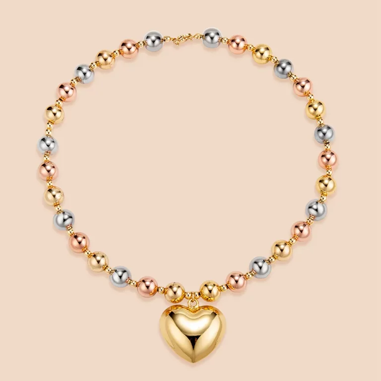 Custom Stainless Steel Rose Gold Silver Gold Bead Chain Puffy Heart Charm Necklace Suppliers