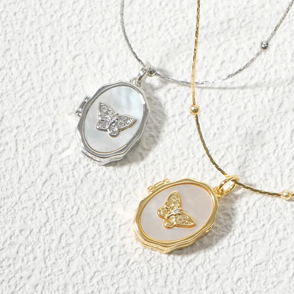 Female shell and photo butterfly locket necklace for businesses
