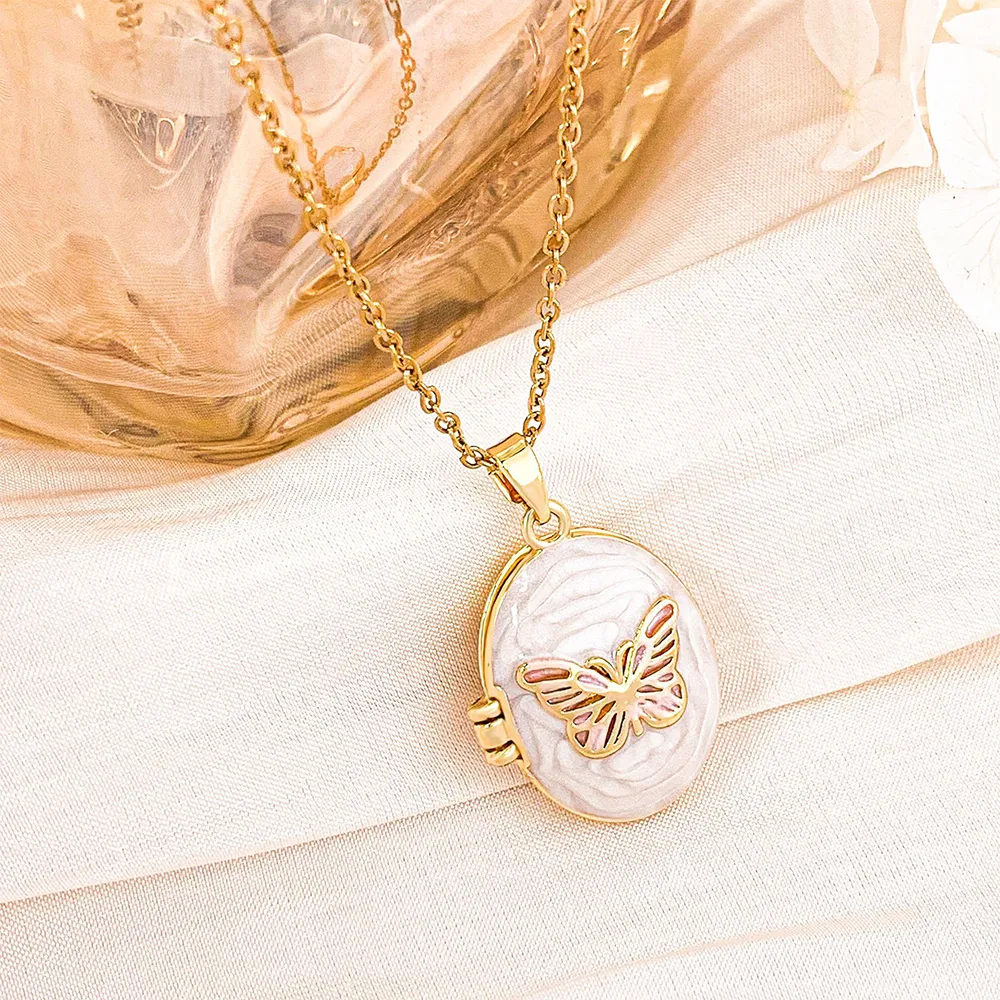 Female colored oval butterfly photo locket necklace for fashion brands