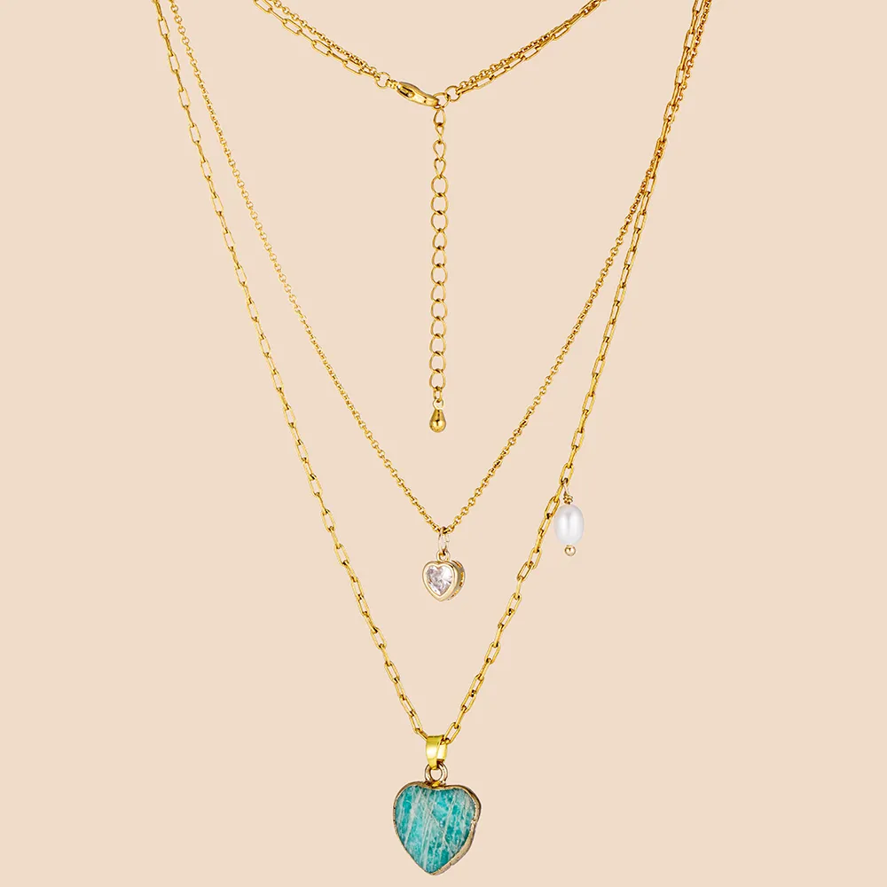 Free Design 316L Stainless Steel Turquoise Heart Layered Necklace for Women Vendors