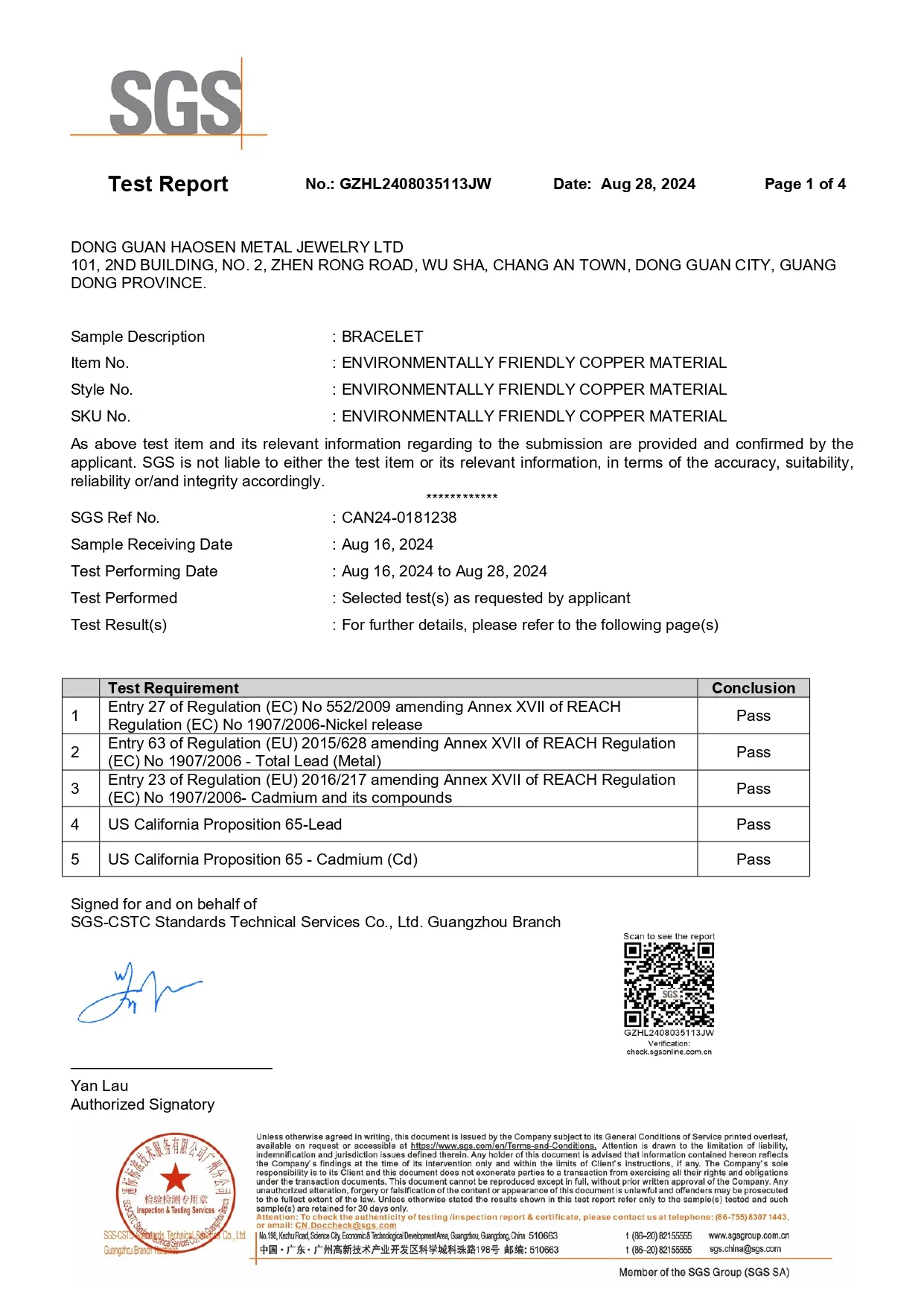 SGS Test Report page 1 showing "Pass" results for REACH and California Prop 65 compliance for a eco-friendly copper bracelet.
