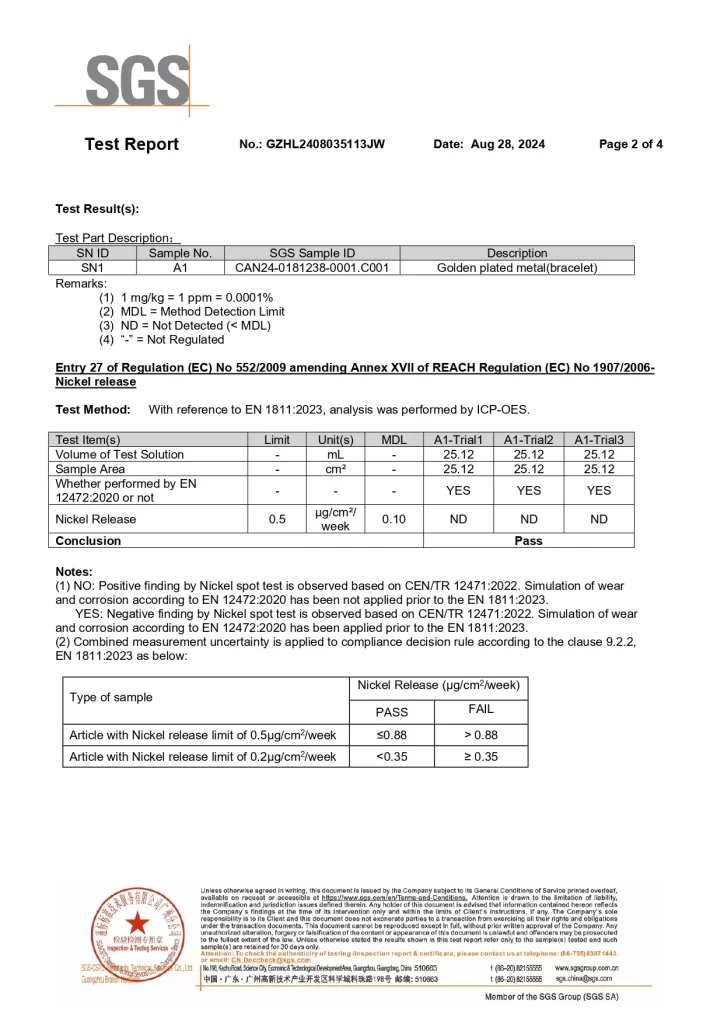 Environmentally Friendly Copper Bracelet SGS Test Report2