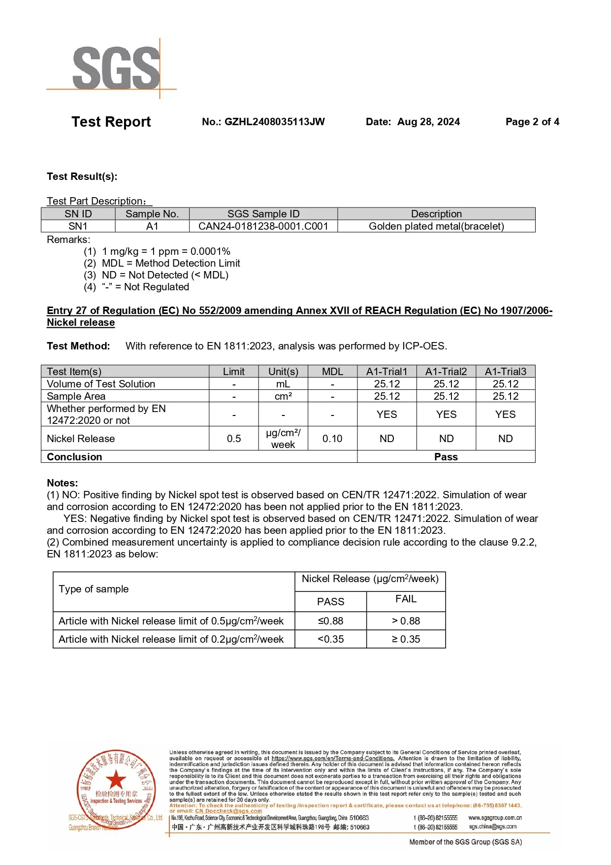 SGS Test Report page 2 for Nickel release on a eco-friendly copper bracelet, showing "Pass" with non-detectable levels.