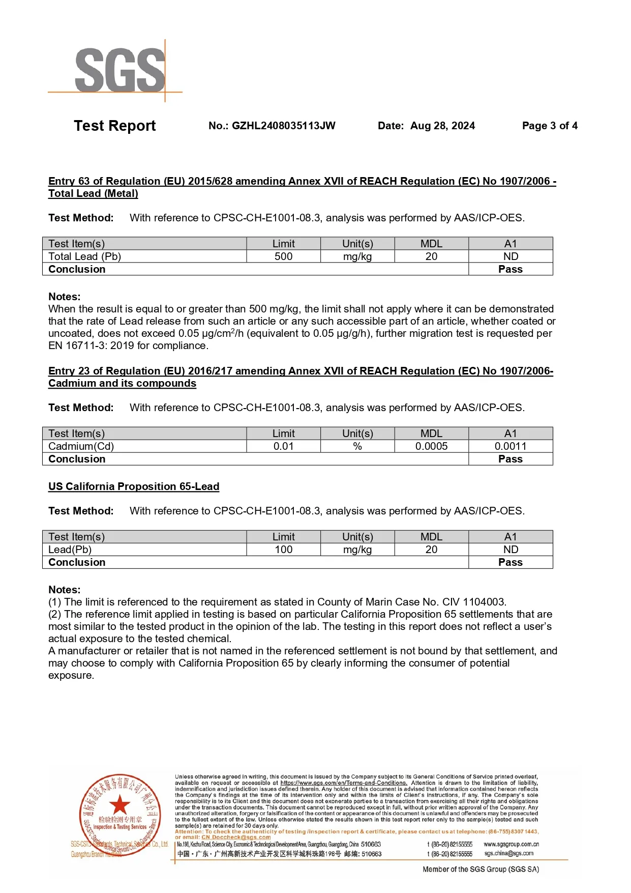 SGS Test Report page 3 data for Lead and Cadmium content, confirming compliance with REACH and US Prop 65 standards.