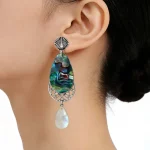 Female Model Wearing Abalone Shell Statement Earrings with White Mother of Pearl for Major Retailers