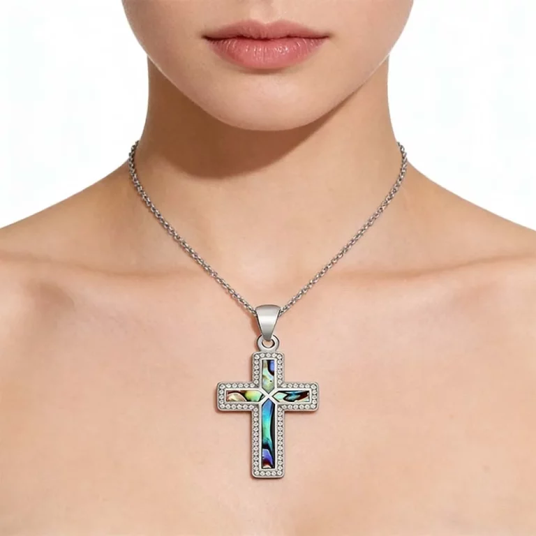 Female Model Wearing Geometric Cross Abalone Shell Rhinestone Pendant of Pearl for Bulk Jewelry Supply