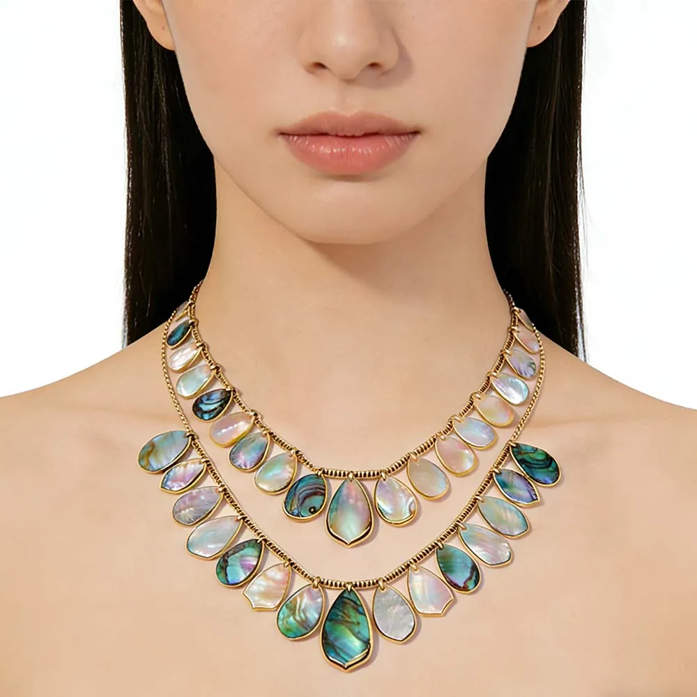 Female Model Wearing Resort-Style Double-Layer Abalone Shell Necklace for Bulk Jewelry Supply