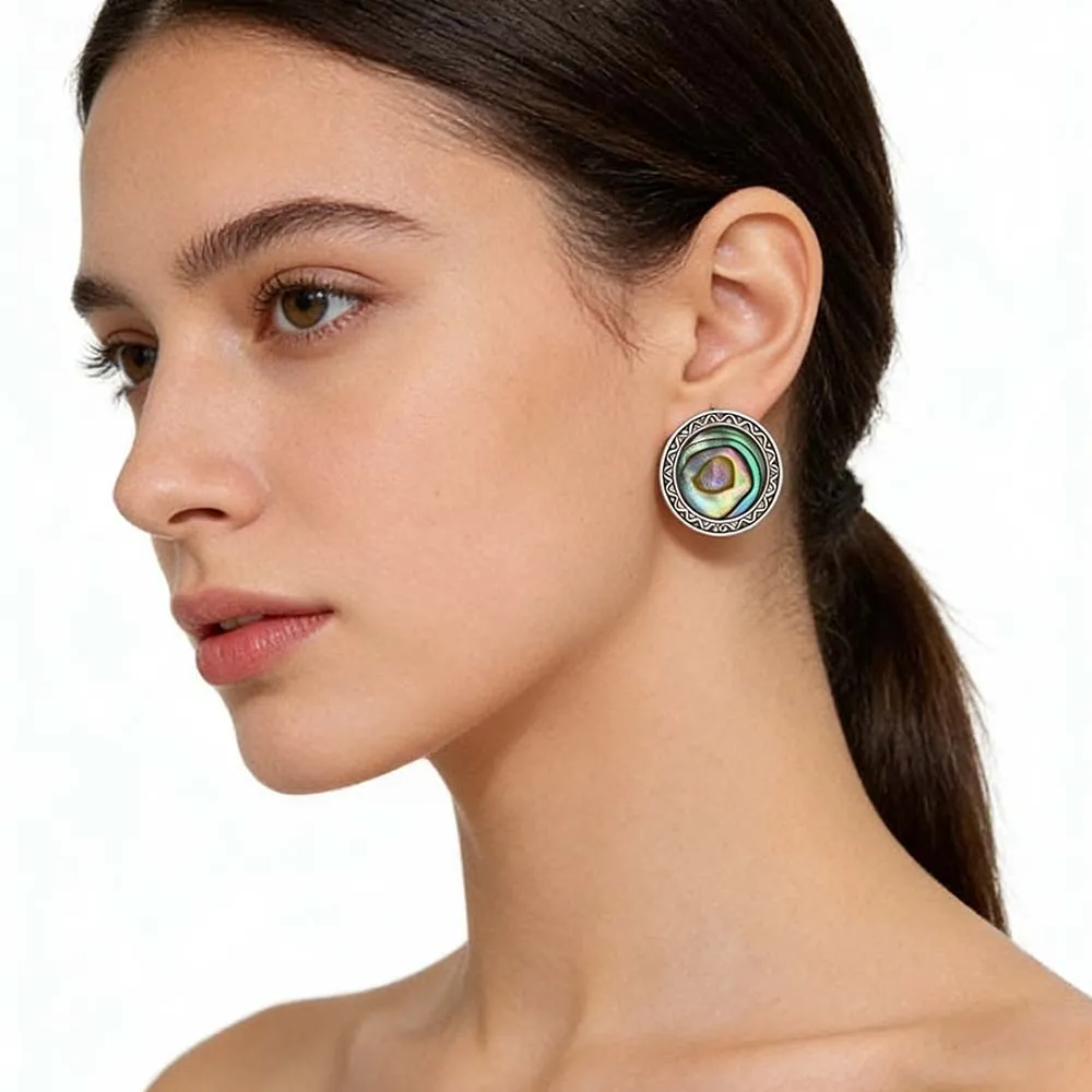 Female Model Wearing Stainless Steel Abalone Shell Stud Earrings for Major Retailers