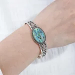 Female Model Wearing Vintage Carved Abalone Shell Rigid Cuff Bracelet for Jewelry ODM Partner