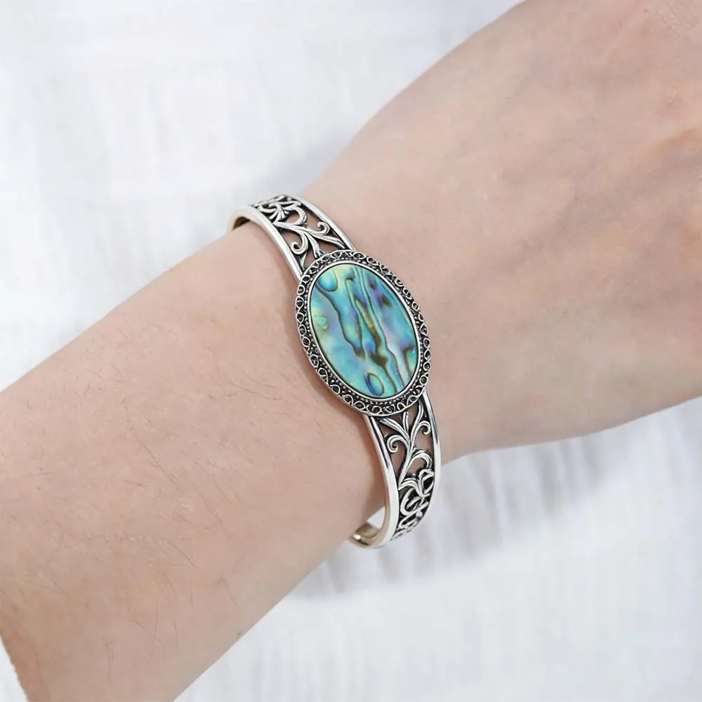 Vintage Distressed Silver Carved Abalone Shell Rigid Cuff Bracelet Custom Jewelry Manufacturer