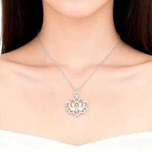 Female model wearing silver lotus flower necklace from jewelry manufacturer