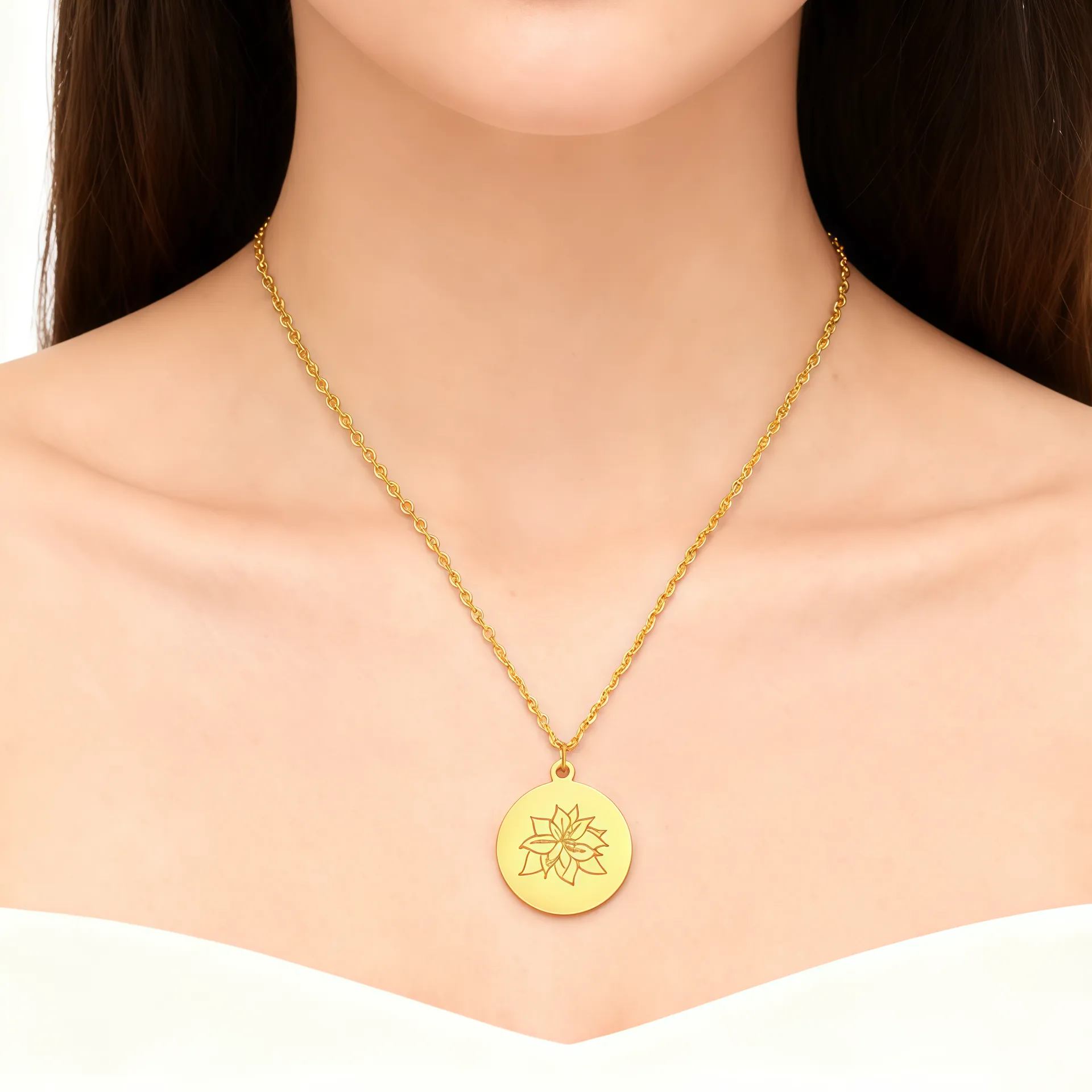 Female model wearing stainless steel birth flower necklace to showcase fit for small businesses