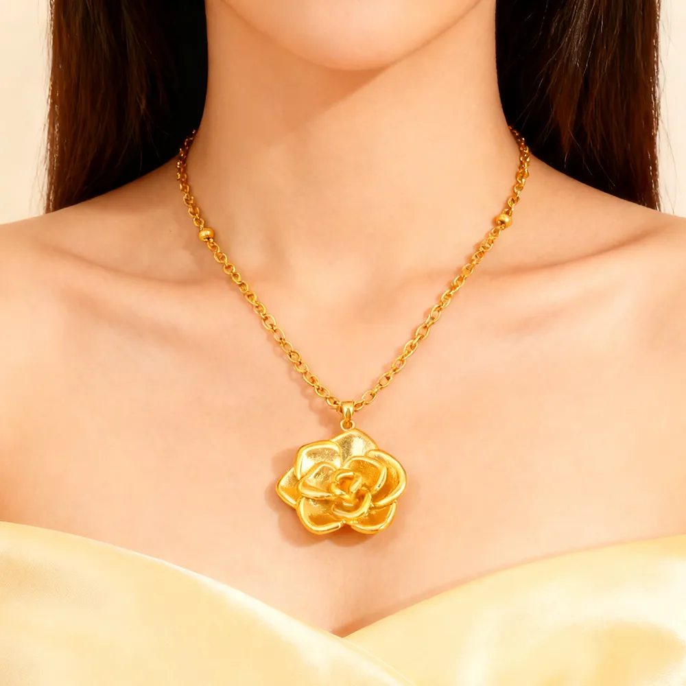 Female model wearing stainless steel flower rose necklace from jewelry factory