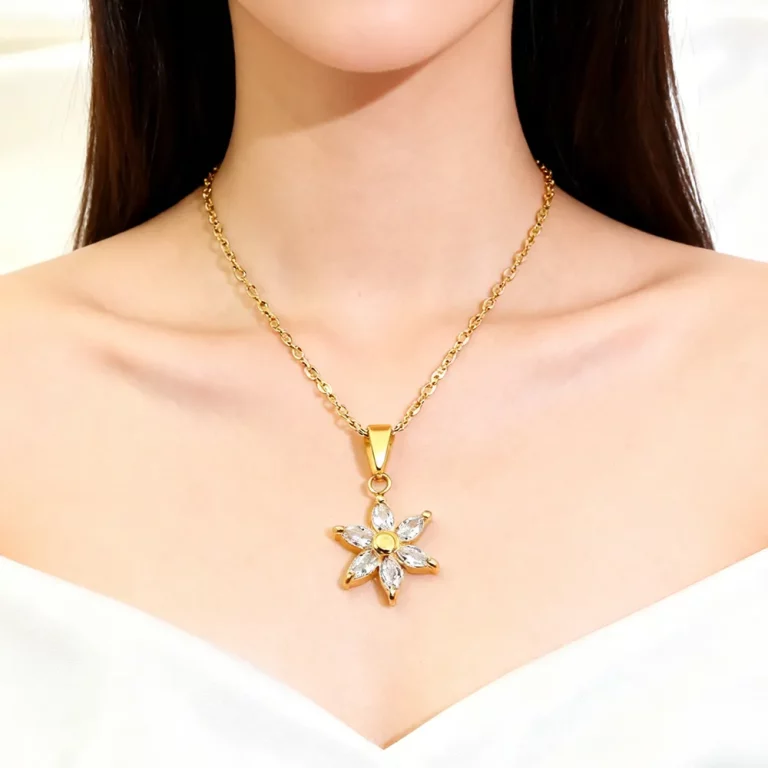 Female model wearing stainless steel gold plated flower necklace from jewelry vendors