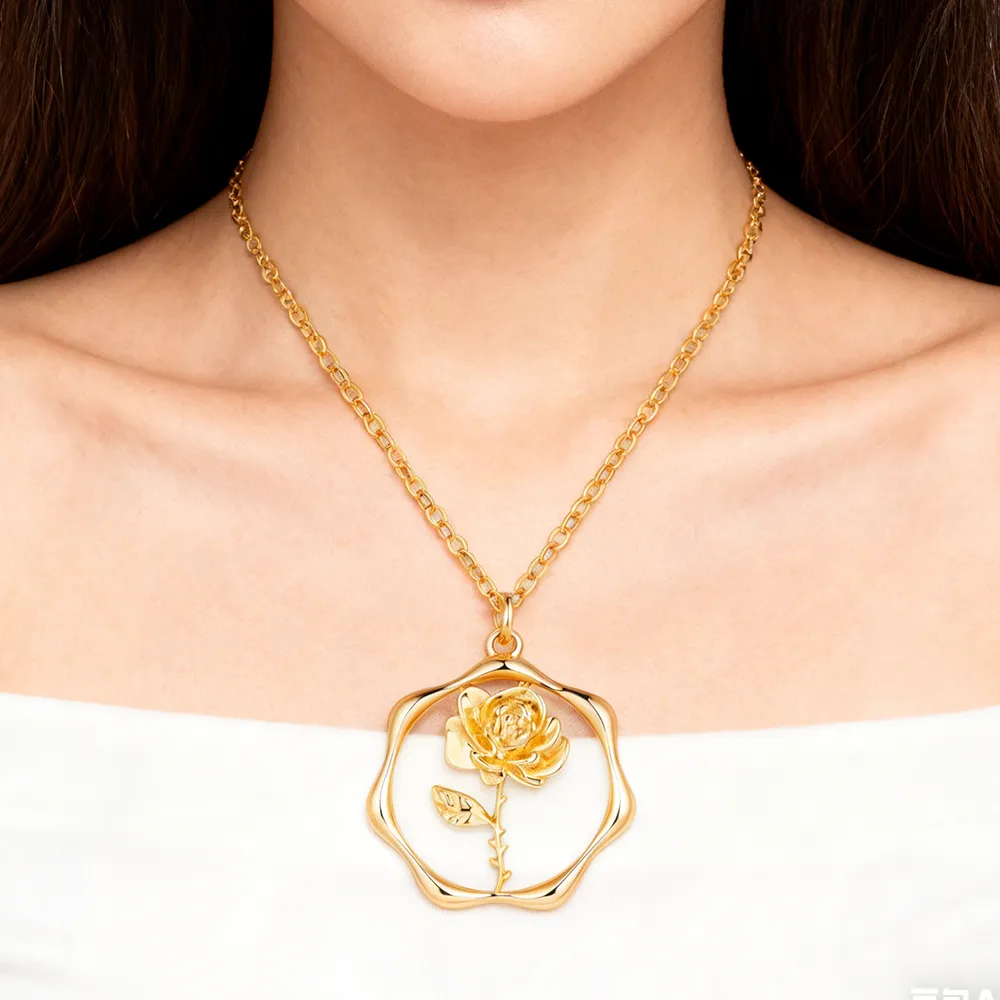 Female model wearing stainless steel june birth flower necklace from jewelry manufacturer