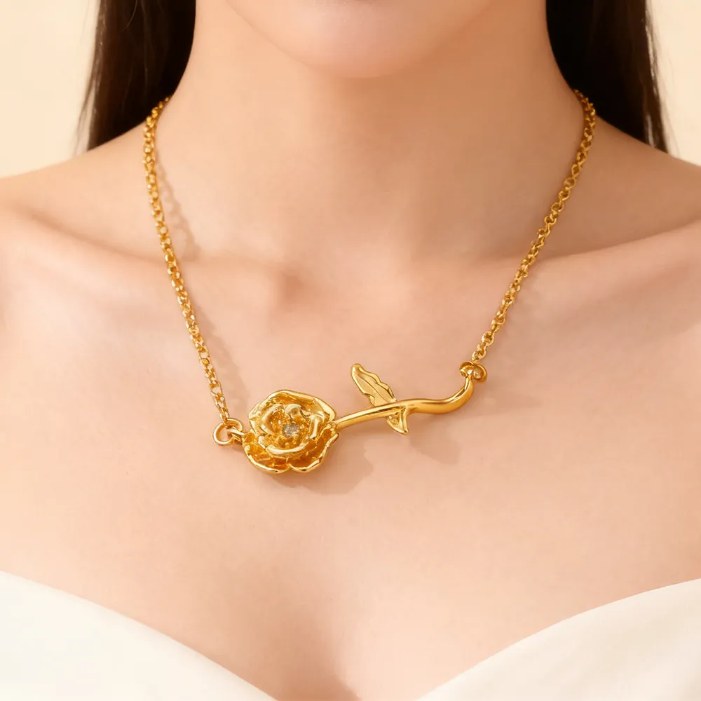 Female model wearing stainless steel poppy august birth flower necklace to showcase fit for major retailers