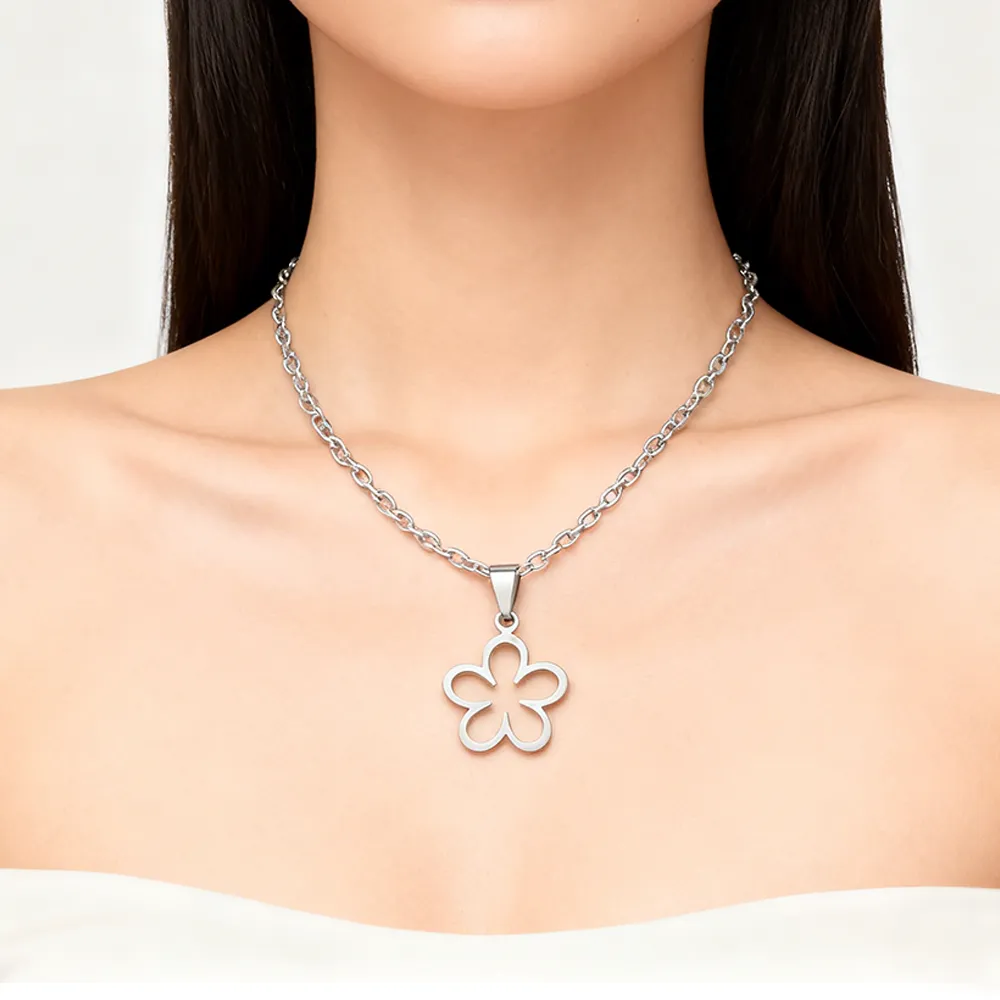 Female model wearing stainless steel silver flower necklace from jewelry vendors
