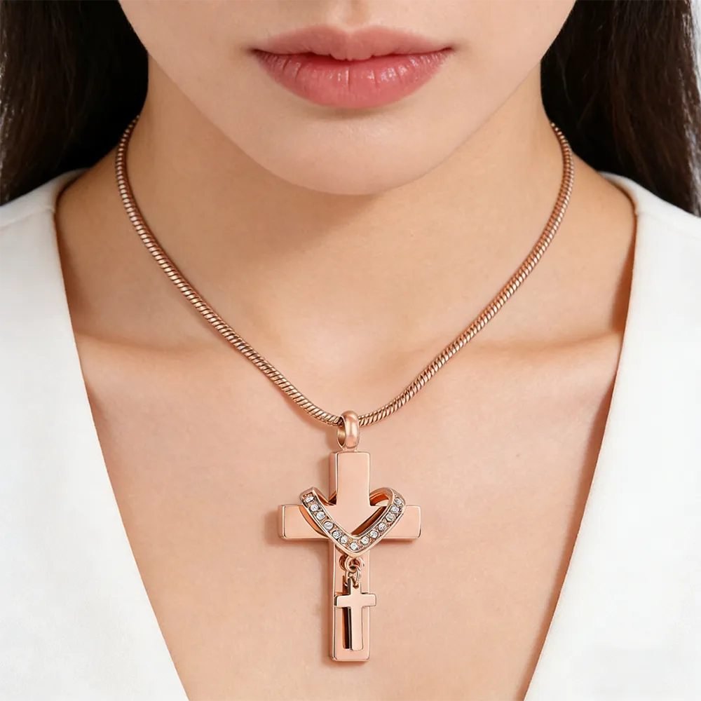 Female rose gold double cross locket necklace manufacturing for businesses