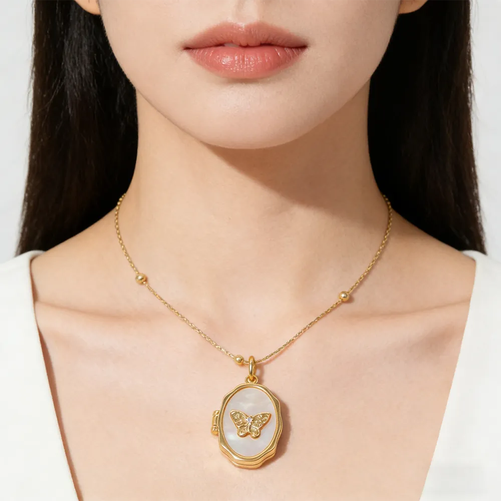 Female shell and photo butterfly locket necklace for businesses
