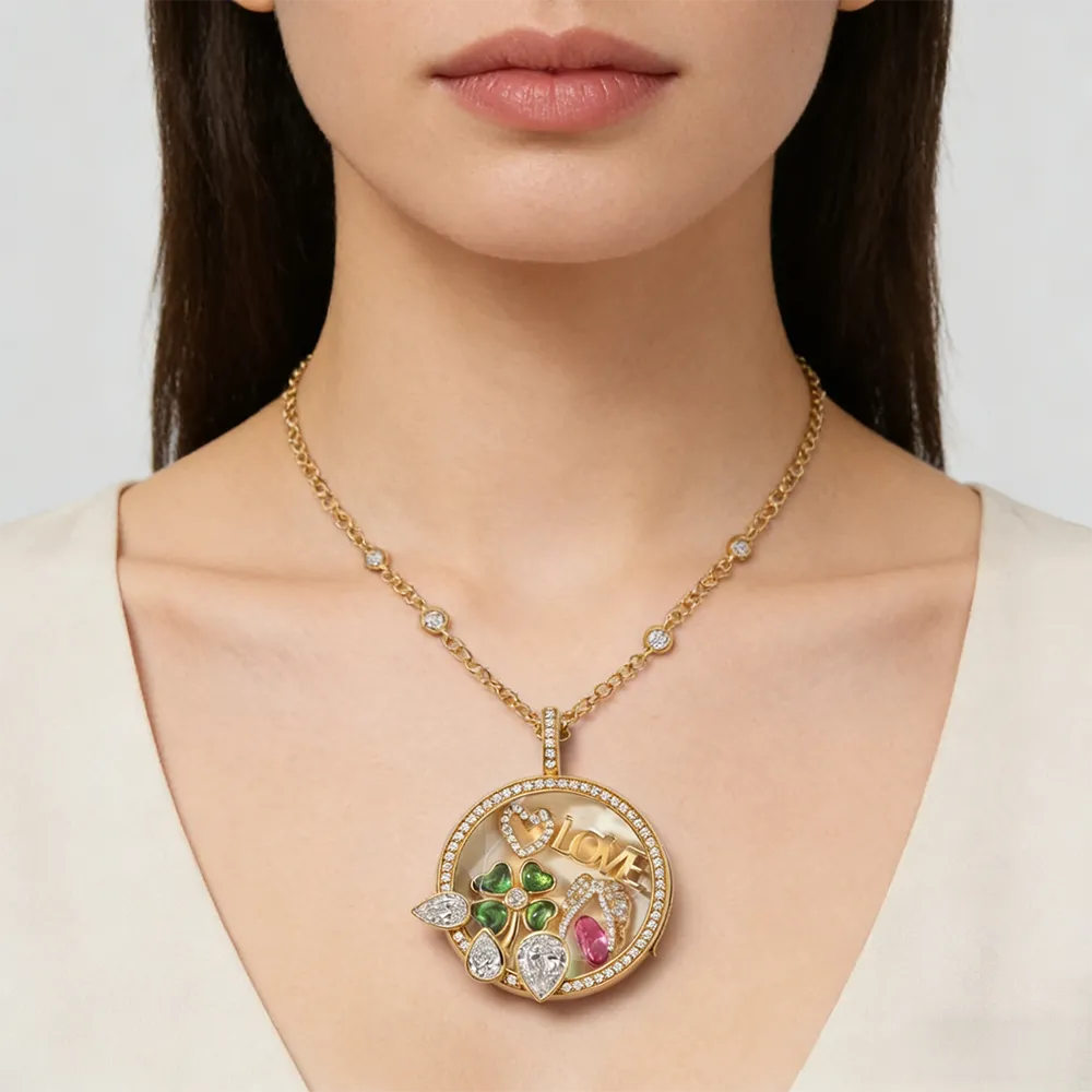 Female stainless steel glass charm locket necklace with zircon for brands