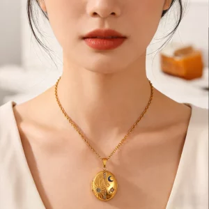 Female stainless steel oval moon & star locket necklace for retailers