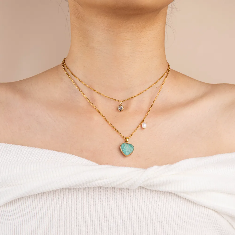 Free Design 316L Stainless Steel Turquoise Heart Layered Necklace for Women Vendors