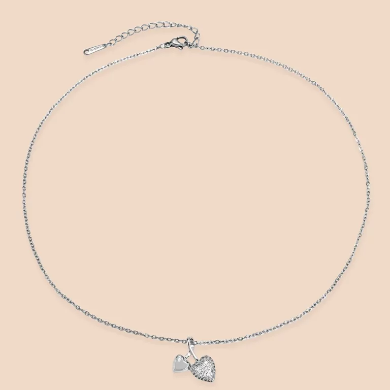 Low MOQ 316L Stainless Steel Double Heart Necklace with Cubic Zircon for Supplier