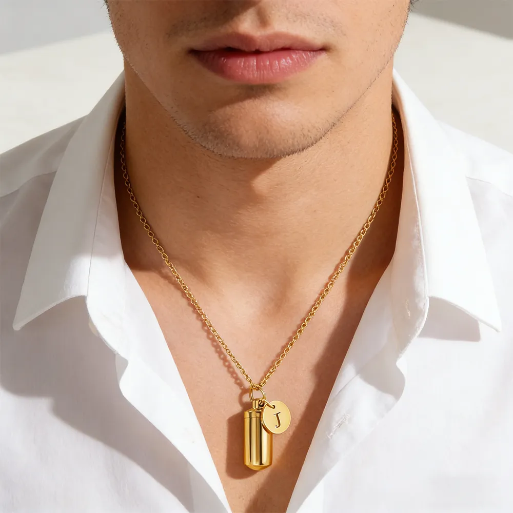 Male 14k gold-plated openable cylinder initial locket necklace for wholesalers