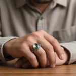 Male Model Wearing 925 Sterling Silver Oval Abalone Shell Ring for Small Batch Jewelry Factory