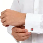 Male Model Wearing Customizeble Cufflinks Featuring Elements of the British National Flag Factory for jewelry brand